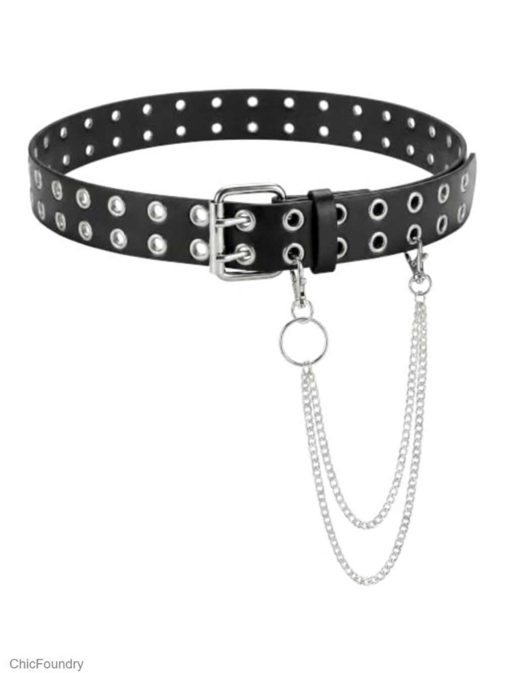 Studded Double Grommet Belt with Chains for Women Men Teens